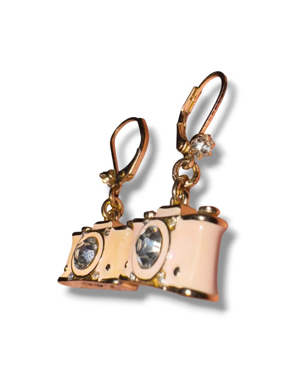 Betsey Johnson Pink Camera Earrings Gold Tone Rhinestone Dangle Statement